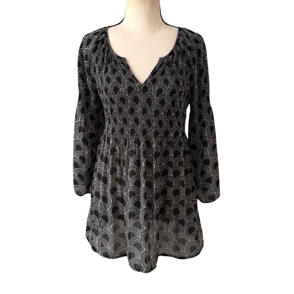 Spense Babydoll Blouse‎ Shirred Stretch Chiffon Black White Abstract Print S
